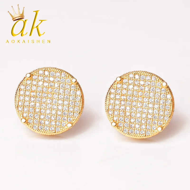 14MM Gold Color Big Round Stud Earring AAAA Cubic Zircon Screw Back Men's Earrings Fashion Hip Hop Jewelry