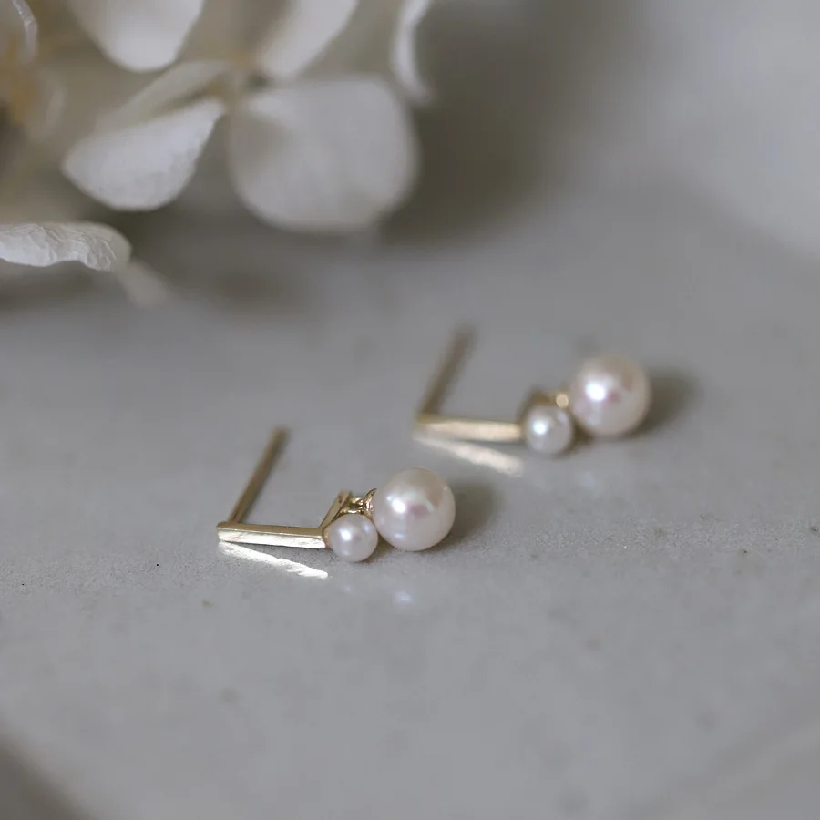 925 Sterling Silver Plating 14K Gold Two Pearl Earrings for Women Romantic Wedding Jewelry Accessories