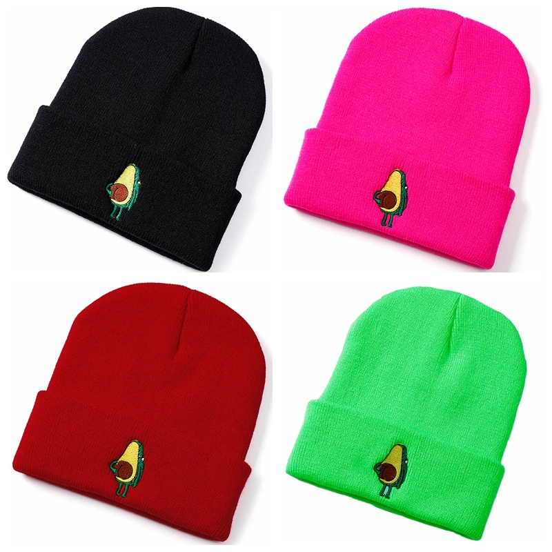 Bonnets en acrylique pour femme, chapeau tricoté, décontracté, chaud, avec dessin animé d'avocat, pour l'hiver