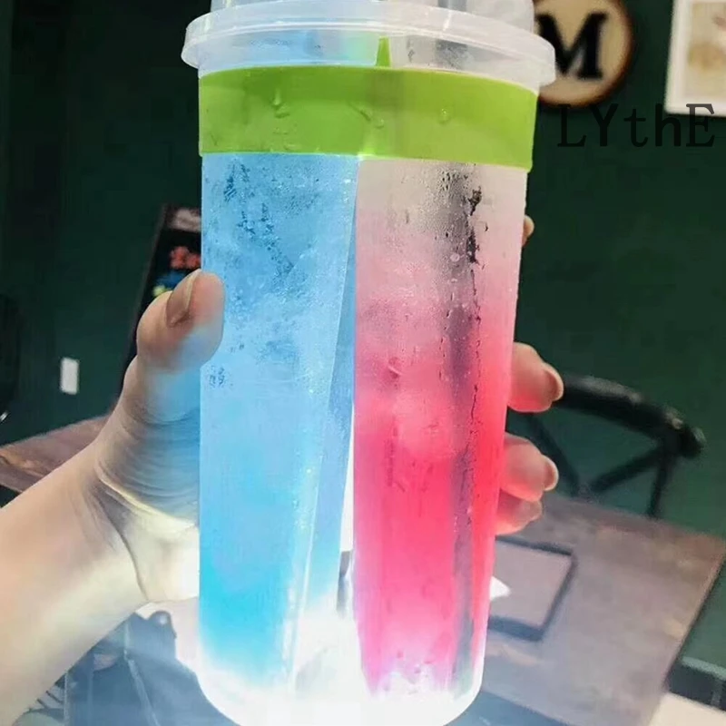 10 قطعة 700 مللي أكواب بلاستيكية للاستخدام لمرة واحدة مع أغطية شبكة مزدوجة رشاقته كوب زوجين تقاسم شرب كوب ل شاي فقاعات Boba عصير