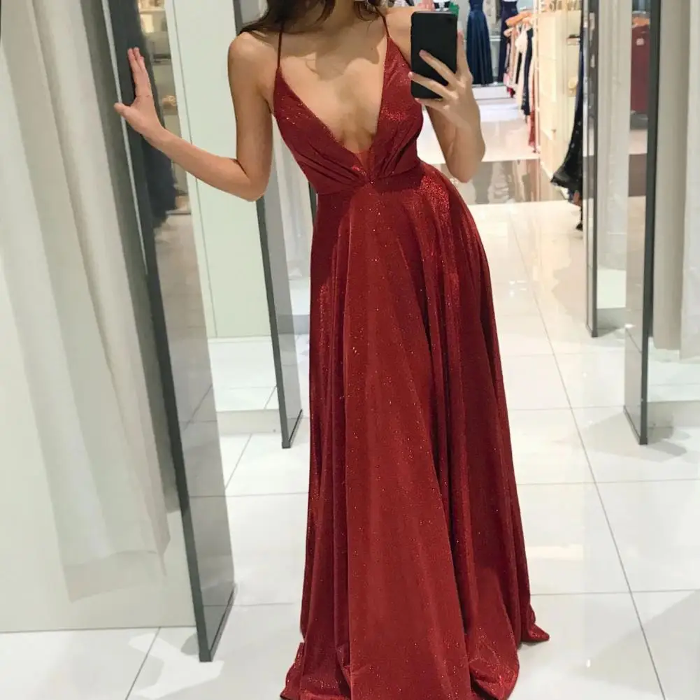 2021 Women A-Line Party Dress Sparkly Spaghetti Strap Backless Gown Low Cut Floor-Length Red Satin Prom Homecoming Dresses