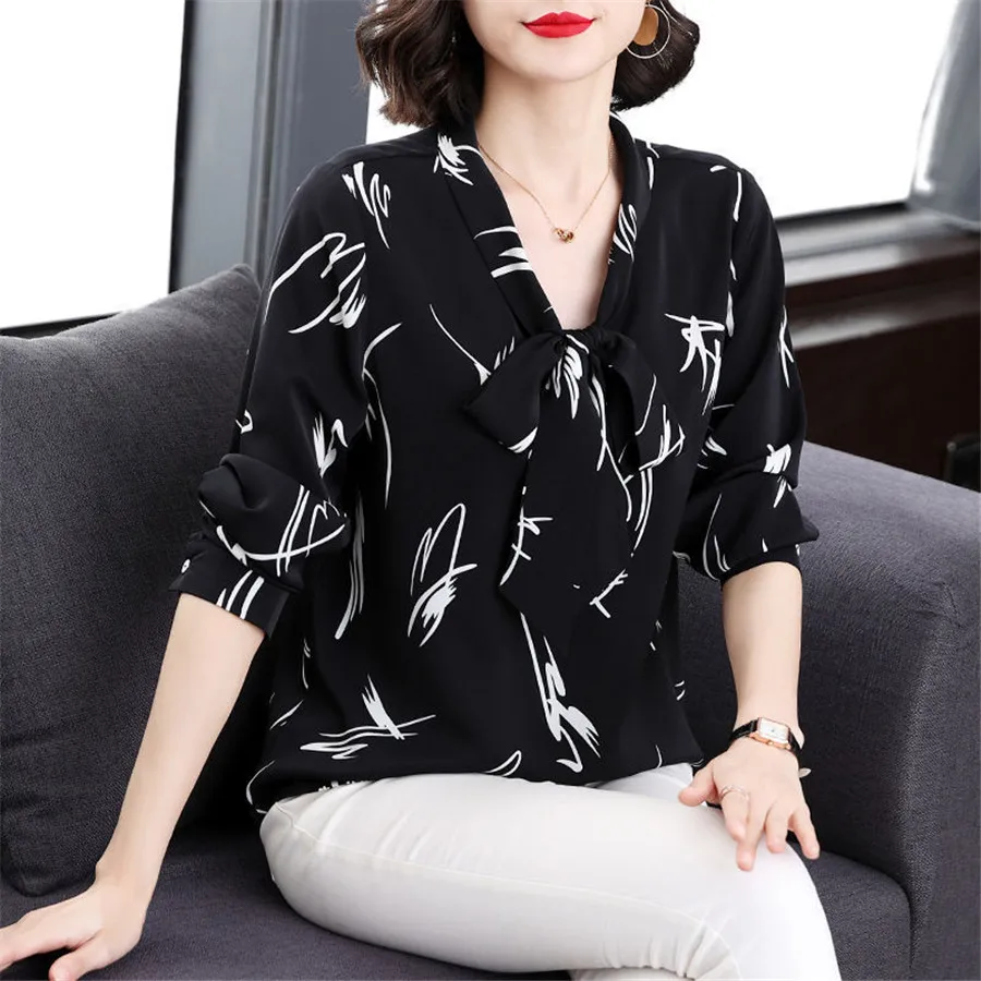 

Spring Autumn Elegant Print Women Bow-Knot Blouse Elegant Long Sleeve Scarf Collar Top Ladies Loose Casual Blouses MM1362