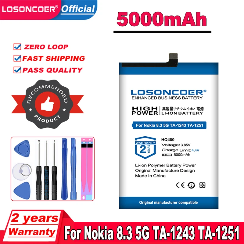 LOSONCOER 5000mAh HQ480 Battery For Nokia 8.3 5G TA-1243 TA-1251 Mobile Phone Battery +Free tools