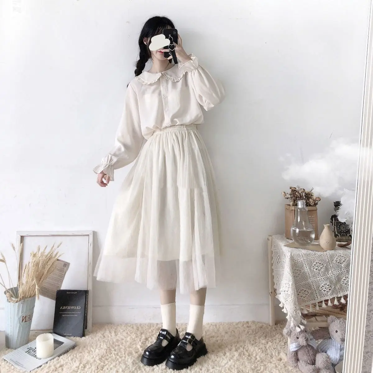 Peter Pan Kragen Süßes Hemd Frauen Lolita Japanische Kawaii Bluse Puff Langarm Elegante Weiße Weibliche Top Grundlegende Schule Shirts – Detail 5