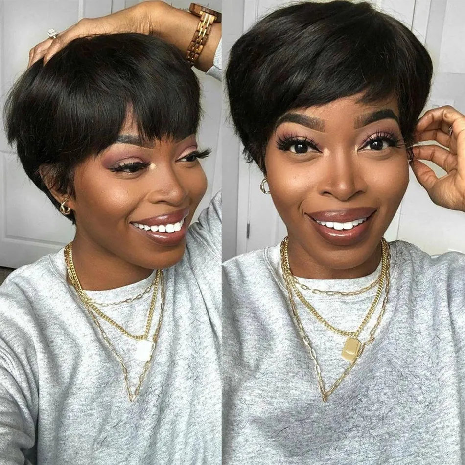 Short Human Hair Wigs Pixie Cut Straight perruque bresillienne for Black Women Machine Made Wigs With Bangs Cheap No Lace Wig