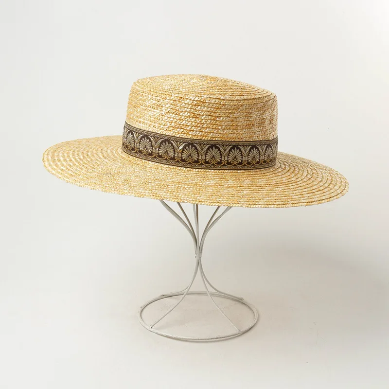 Ethnic Style Ribbon Wide Brim Sun Hat Women Straw Flat Beach Hat Ladies Summer Canotier Vacation Church Kuntucky Derby Hat