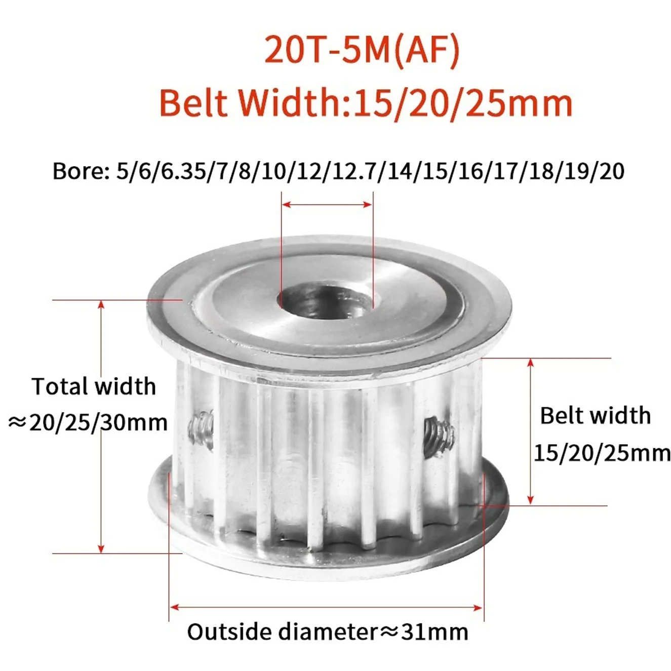 5M-20T Timing Pulley , 20Teeth, For Belt Width 10/15/20/25mm, 5/6/6.35/7/8/10/12/14mm Bore, Gear Keywa Pulley For CNC Machine