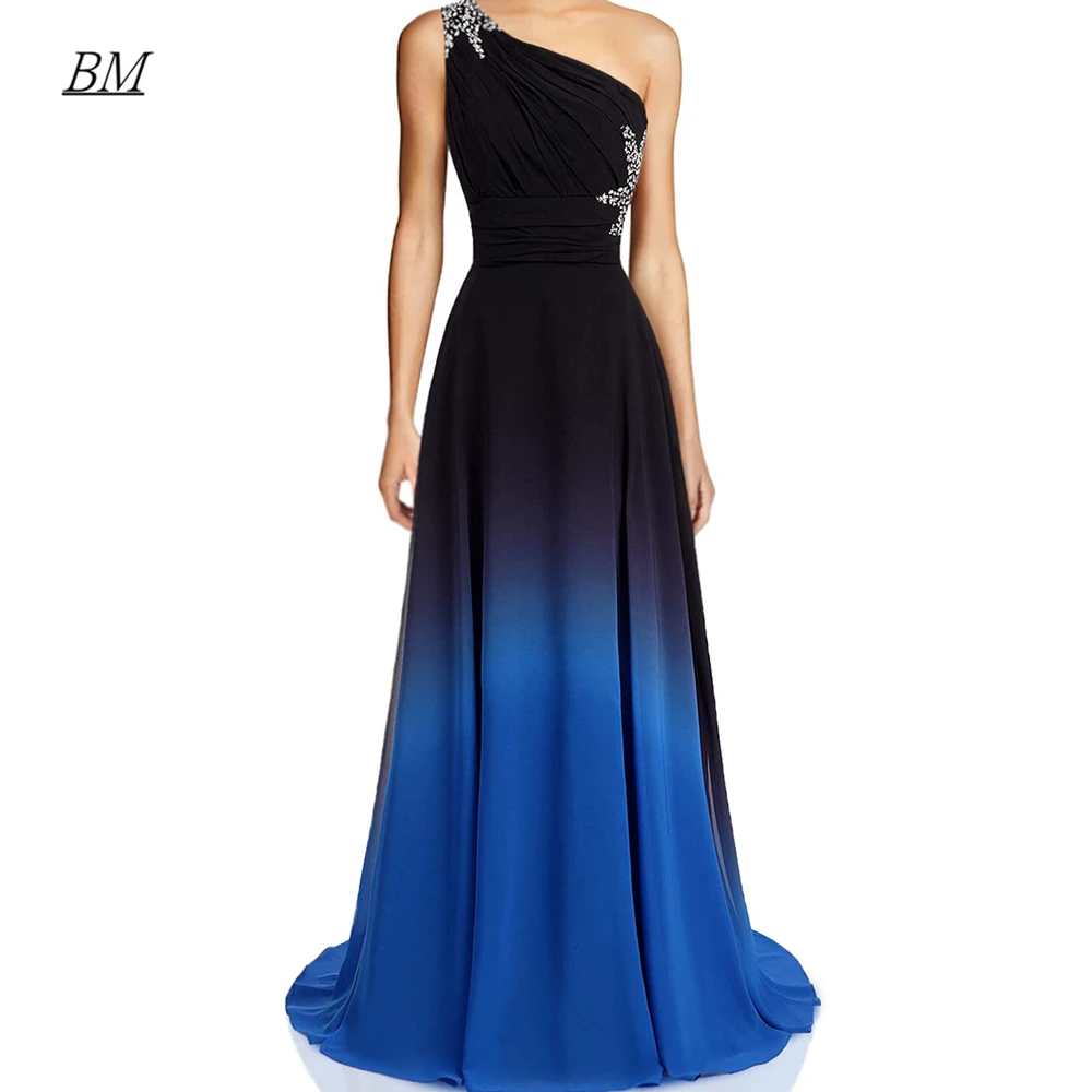Black Blue Gradient Prom Dresses Beaded Long Chiffon Ombre Formal Evening Bridesmaid Party Gown Vestidos Robes De Soiree
