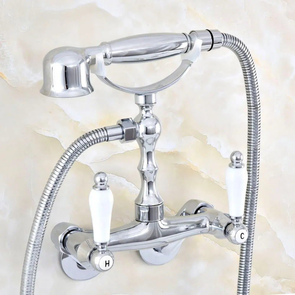 

Modern Silver Chrome Brass Adjusts From 3-3/8" Wall Mount Bathtub Faucet with Handheld Shower Set +1500MM Hose Mixer Tap 2qg413