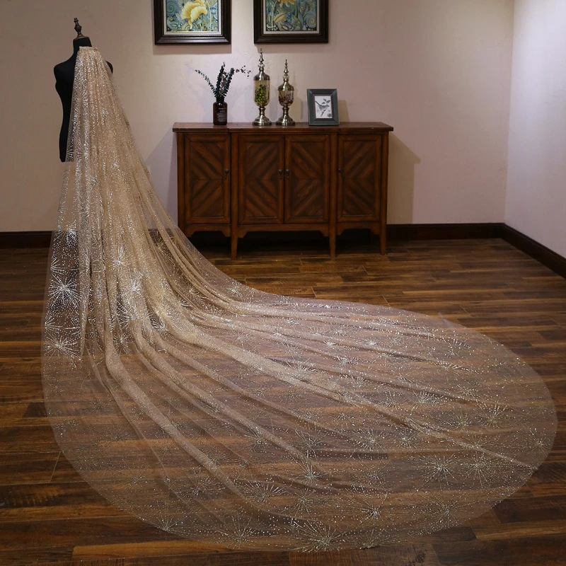 New Arrival Champagne Bridal Veils Sequine Lace Veil 3 Meter Long wedding accessories with Comb Voile mariage Veu de noiva