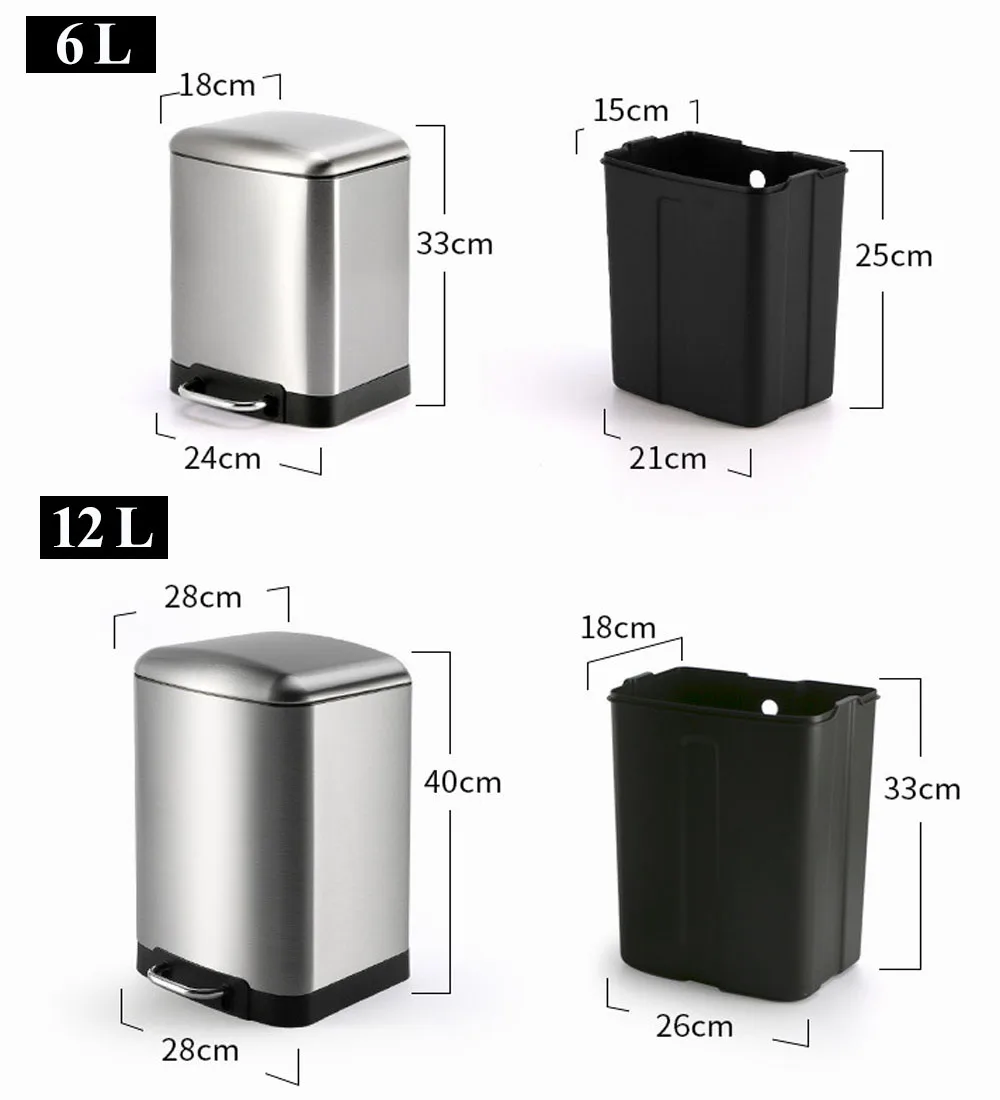 Stainless Steel Rubbish Bin, Step Trash Can, Wastebasket, Garbage Container, Dust Bin with Lid, Kitchen Waste Bin, 6L, 12L