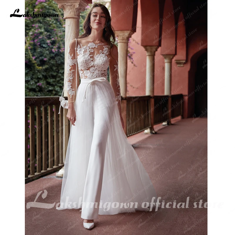 Charming Long Sleeves Lace Jumpsuits Wedding Dresses With Detachable Train Soft Satin White bridal gown Vestido De Noiva 2023