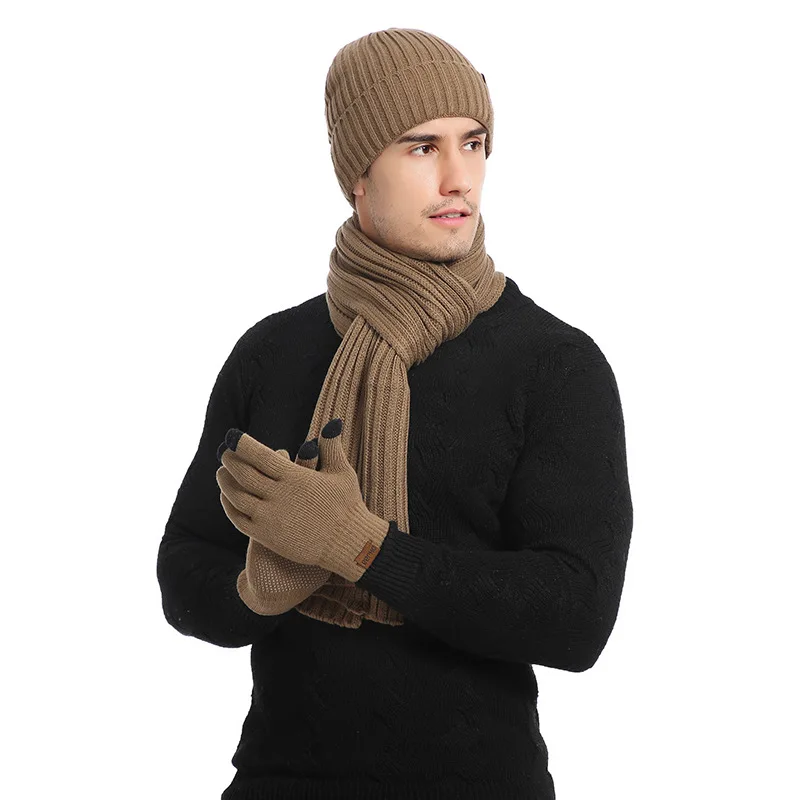 Winter Sports Running Warm Knitted Scarf Beanie Hat and Gloves Set Mens Soft Stretch Hat Scarf and Mitten Set