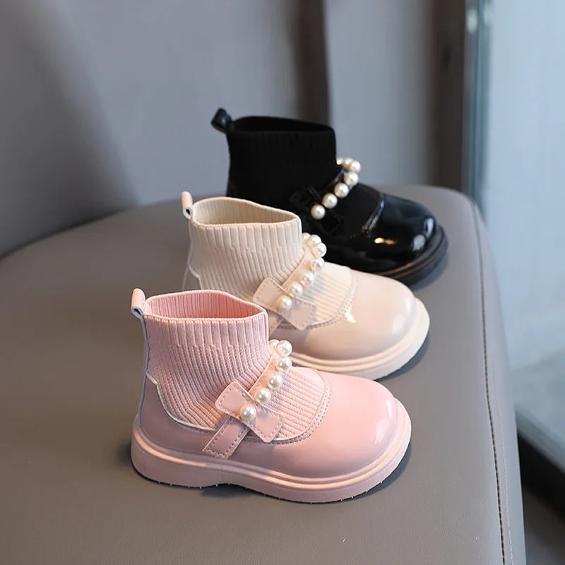 Winter Girls Plus Velvet Warm Leather Boots Student Knitting Patchwork Anti-Slip Boots Kids Pearl Soft Bottom Shoes G420