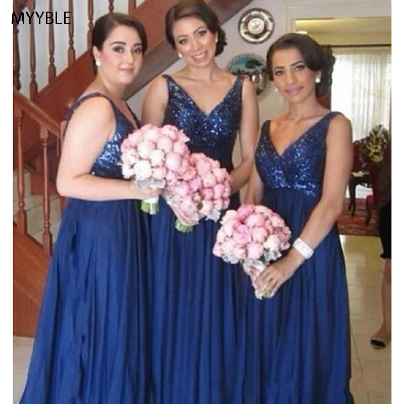 MYYBLE Royal Blue Long Bridesmaid Dresses 2020 Sequined Chiffon Cheap Wedding Party Gowns Vestido Longo Abiye Gece Elbisesi