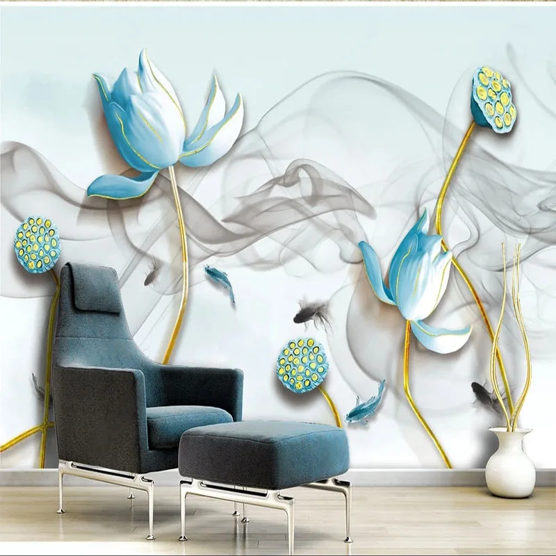 

Photo Wallpaper 3D New Chinese Style Abstract Lines Relief Lotus TV Background Wall Bedroom Creative Art Waterproof Stickers Pap