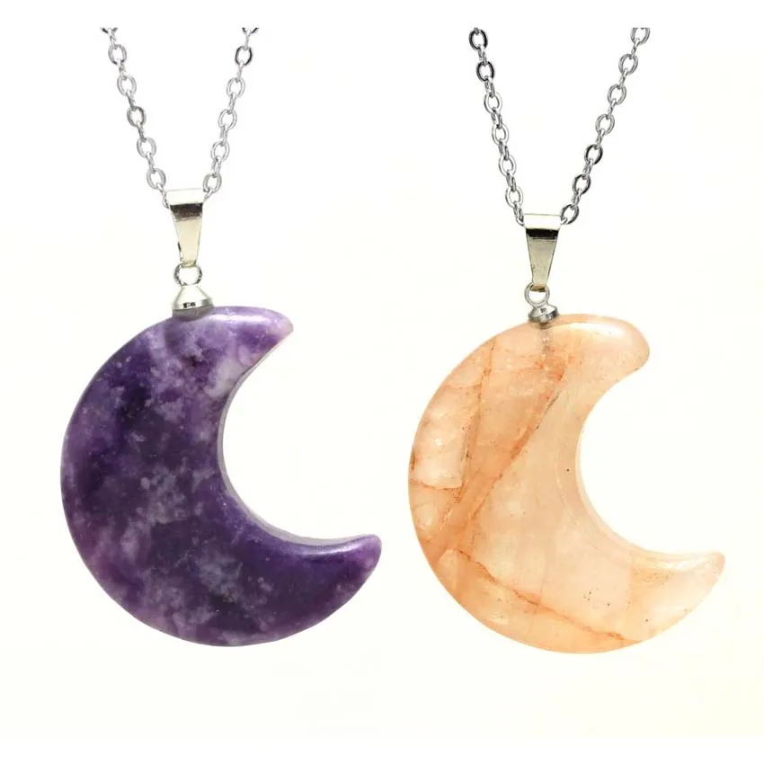 KFT Natural Crescent Moon Necklace Healing Crystal Reiki Quartz Lilacs Stone Vision Crystal Stone Pendant Necklace For Women Men