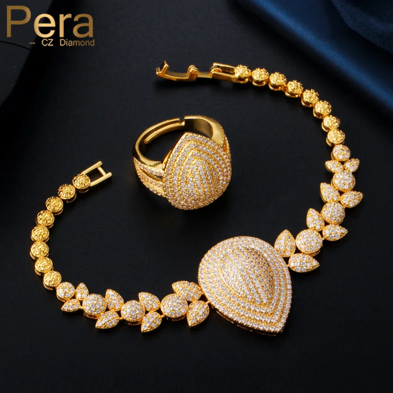 Pera Gorgeous CZ Stone 2Pcs Jewellry Sets Dubai Gold Color Big Water Drop Bangle Bracelet and Ring for Ladies Party Jewelry Z065