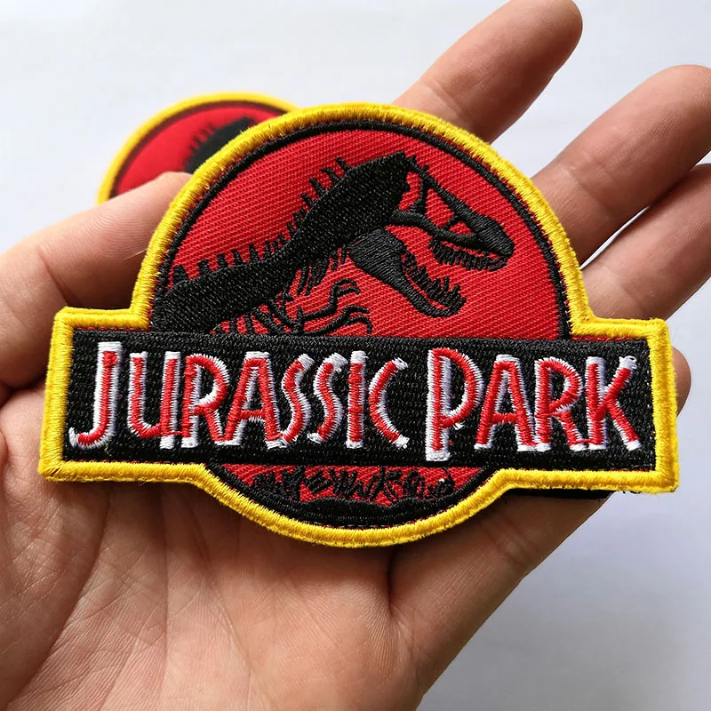 Red Color Jurassic Park Dinosaurs Embroidery Patches Custom Stripes Clothing Punk Stickers Hook&Loop Military Badges Appliques