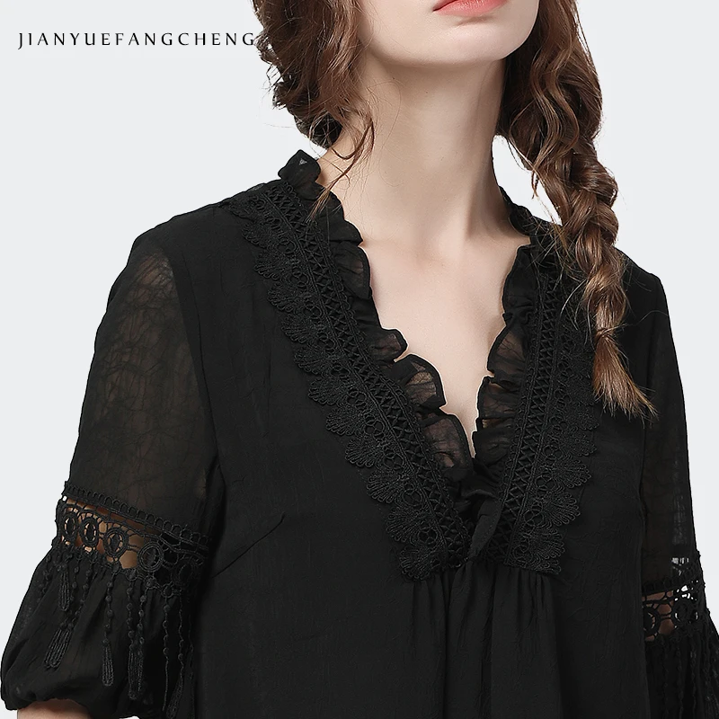 Lantern Sleeve Loose Casual Women\' Black Chiffon Blouse Lace Appliques V-Neck Hollow Out Ladies Tops Plus Size Mid-Length Shirt