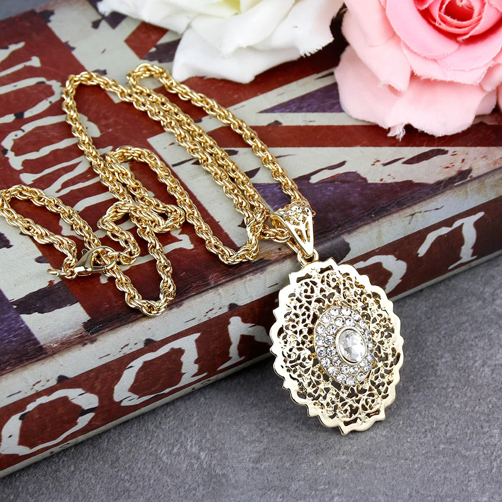 Sunspicems Morocco Long Pendant Necklace Arabic Women Necklace Gold Color Caftan Sweater Chain Bride Wedding Jewelry Gift