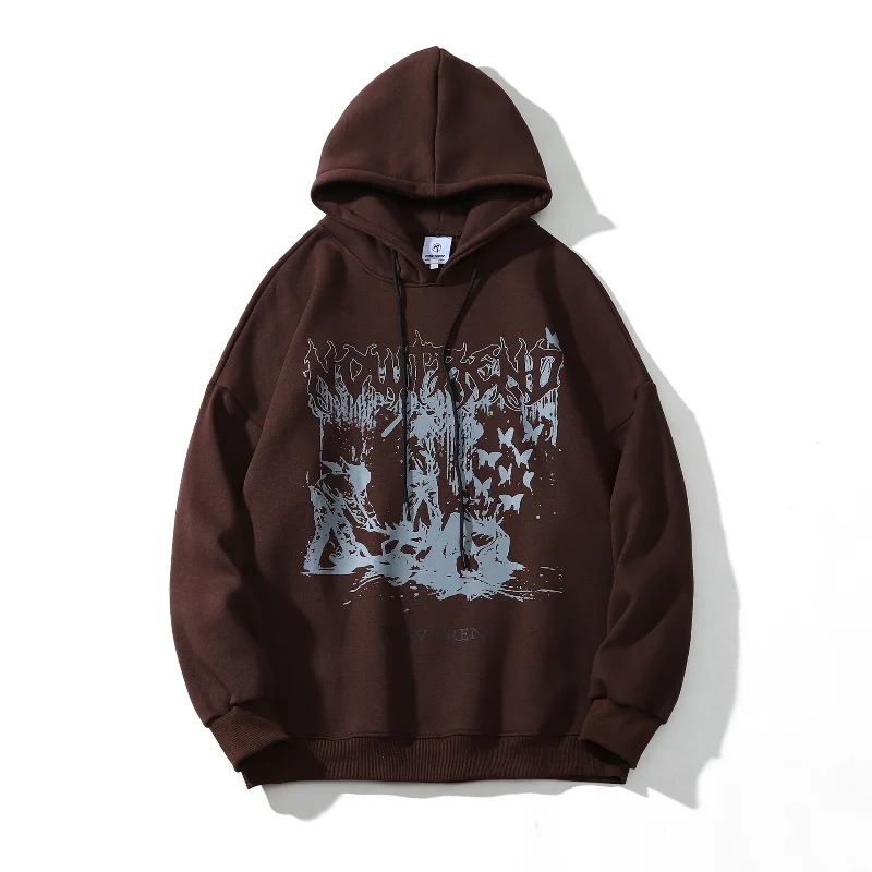 2022 Dark Streetwear Retro Graphic Print Brown Mens Hip Hop Hoodies Pullover Vintage Clothes Women Hooded Sweatshirt Manga Larga