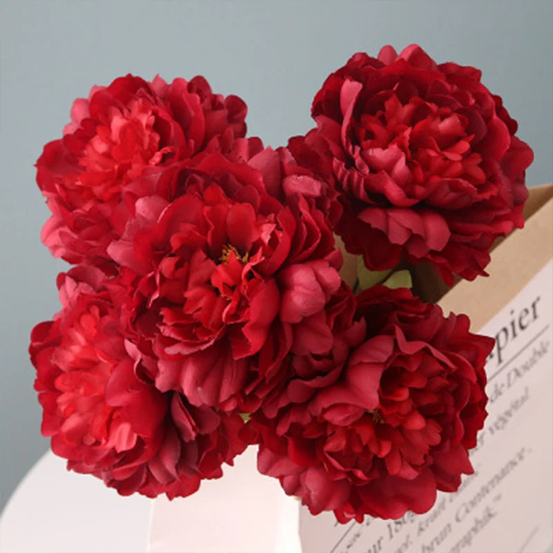 

5 Heads Peony Artificial Flower Bouquet Family Wedding Decoration Indoor Simulation Silk Cloth Flower Arrangement 10pcs