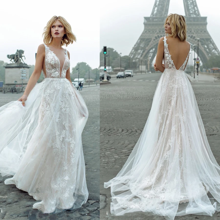 

Spring Tulle Wedding Dresses New A-Line Lace Appliques Bridal Gowns O-Neck Sleeveless Vestido De Noiva Backless Custom Made