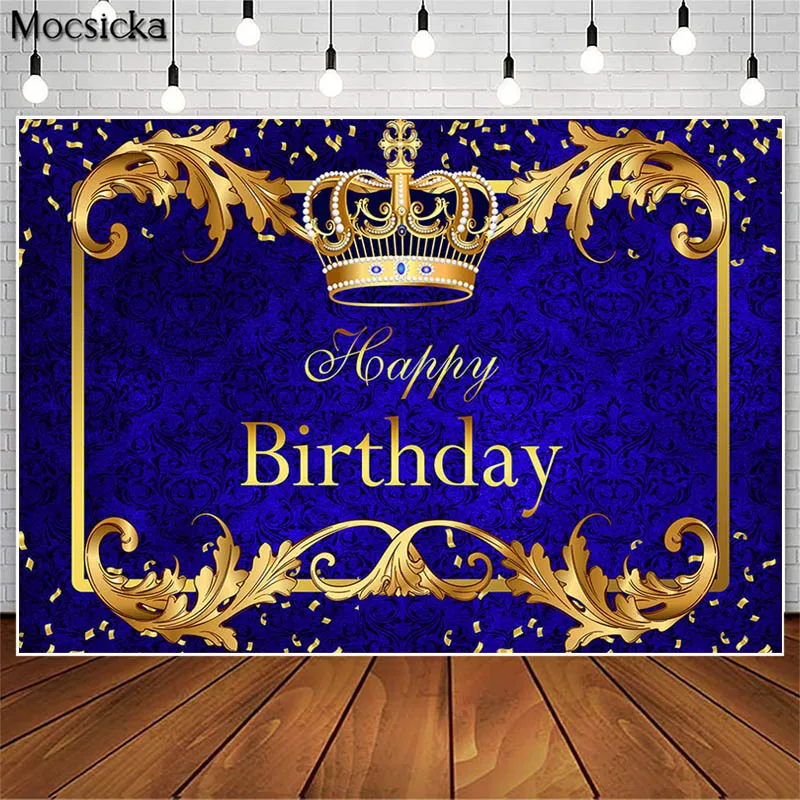 Little Prince Royal Blue Baby Shower Backdrop Black Boy Gold Crown Photography Background for Birthday Party Decoration Poster