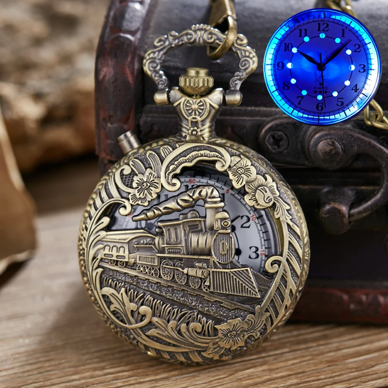 Luminous Blue Led Flash Necklace Vintage Clock Unique Bronze/silver/gold Train Locomotive Engine Noctilucent Quartz Pocket Watch