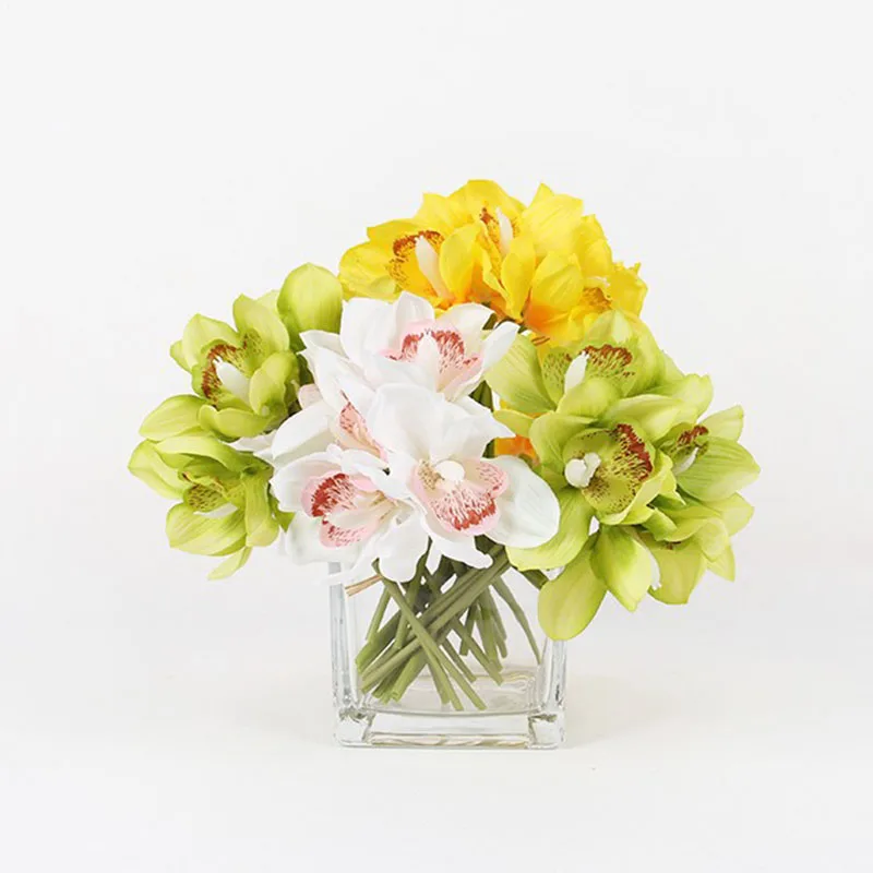 Real Touch 6 heads Artificial Cymbidium Table Flower DIY Wedding Decoration Bride Hand Flowers Fake Flower For Home Decor Orchid