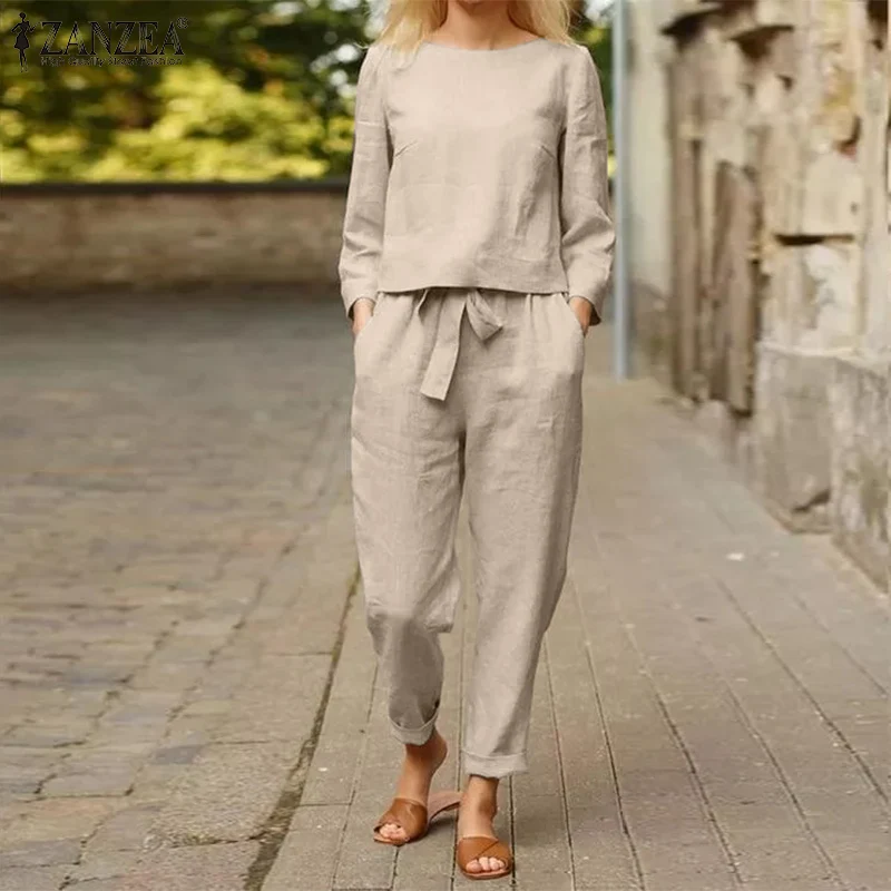 ZANZEA Women Stylish Solid Suits Autumn Casual Long Sleeve Blouse 2PCS Female Elastic Waist Long Pants Matching Sets Oversized