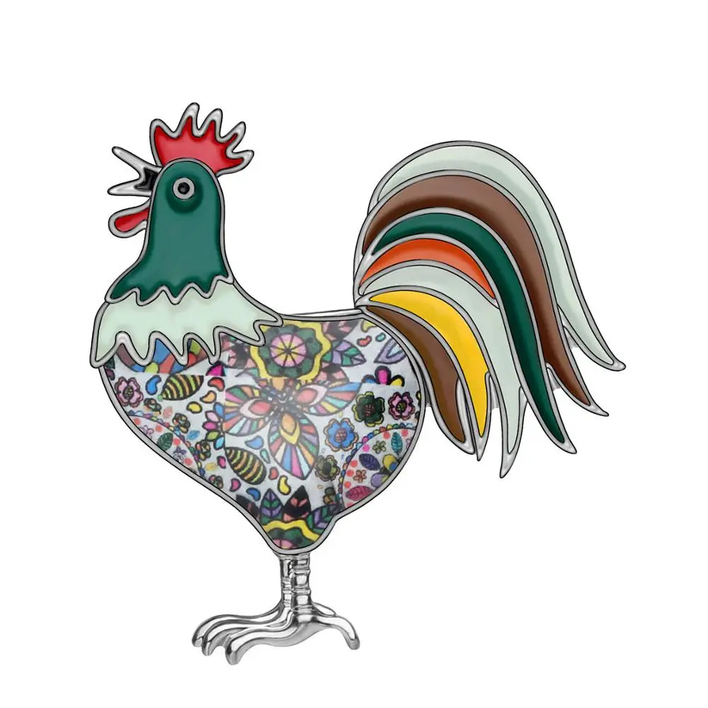 Bonsny Enamel Alloy Floral Rooster Fowl Chicken Brooches Clothes Scarf Pin Animal Jewelry For Women Girls Teens Party Gift Bulk
