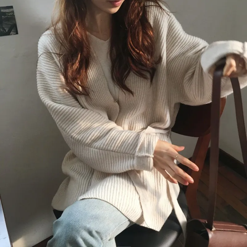 New Spring Autumn Women\'s Knitted Coat V-Neck Solid Color Sweater Outerwear With Belt Korean Style Loose Female Blouse