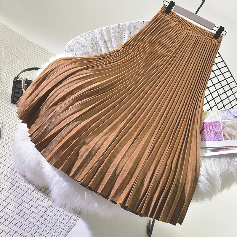 2024 Dwuwarstwowa wiosenna spódnica zamszowa dla kobiet Długie plisowane spódnice Top Marka Womens Saias Midi Faldas Vintage Women Midi Skirt — zdjęcie 5