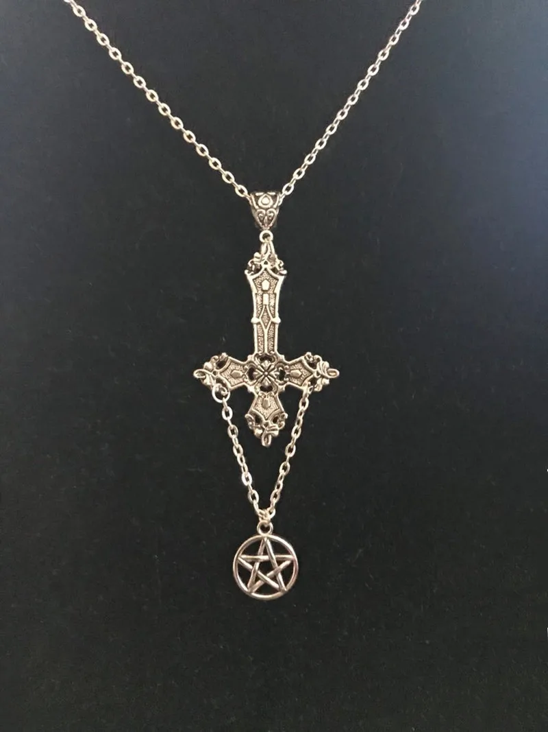 Inverted cross and pentagram necklace satanic necklace, occult jewellery upside down  gothic, punk