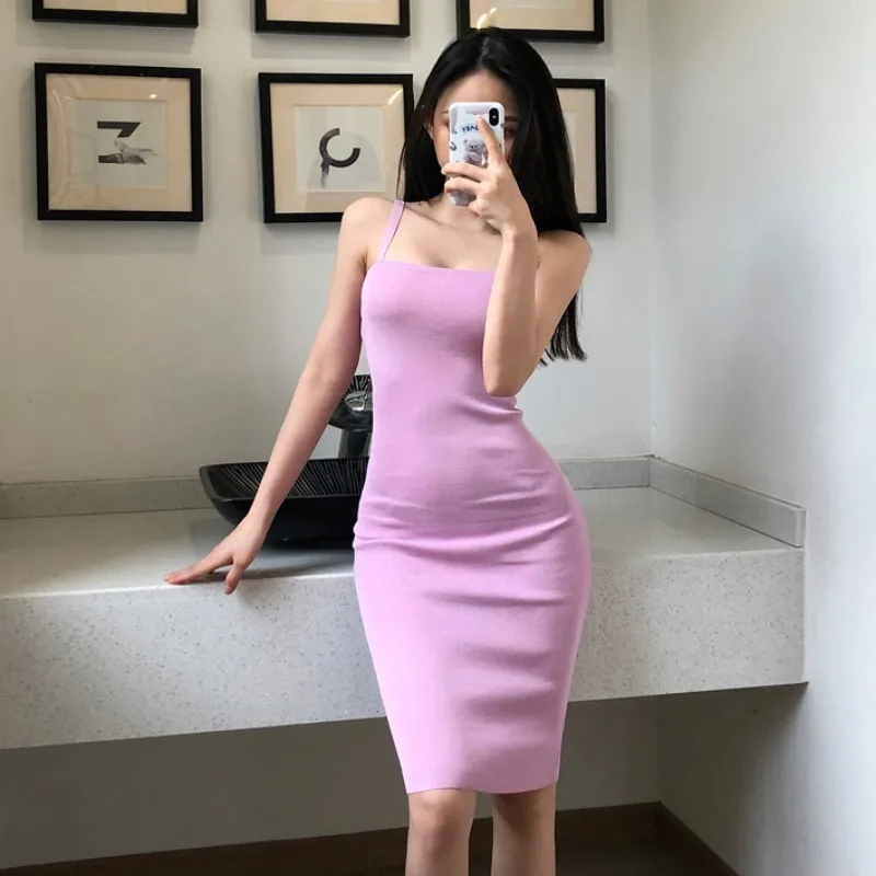 Korean Style Knitting Triped Long Sleeve Solid Pink Cardigan Cropped Tops Spaghetti Strap Dresses Suits Two Piece Bodycon Robe