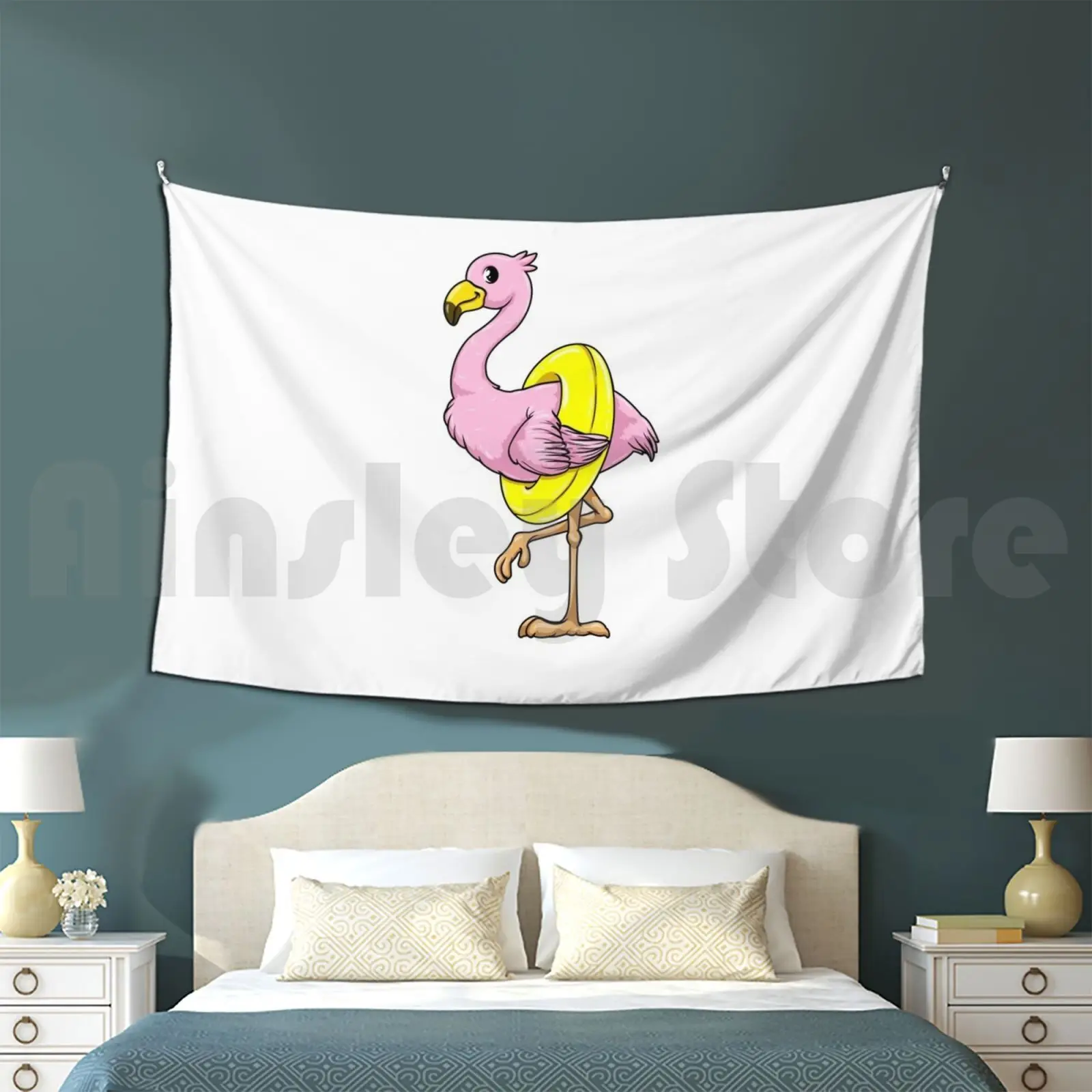 Flamingo At Swimming With Swim Ring Customized Tapestry Swimming Diver Swimming Pool Water Sports
