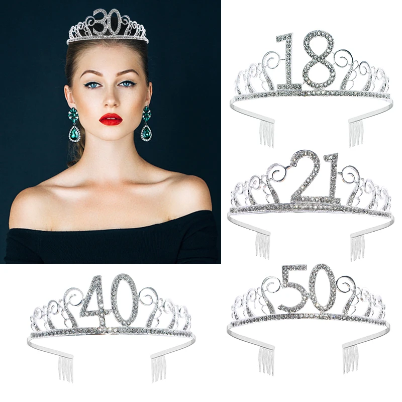 

18 21 30 40 50st Women Birthday Crown Caps Rhinestone Princess Adult Birthday Party Prom Diadem Hair Accessories