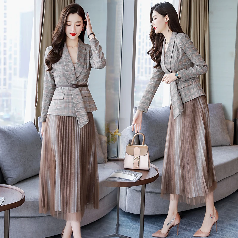 Retro geruite blazer set voor dames, riemjack en geplooide rok, vrouwelijk kantoorpak, lente, herfst, nieuw, 2 stuks