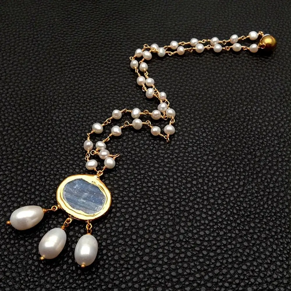 YYGEM Natural Cultured White freshwater Pearl Rosary Chain Necklace Blue Kyanite Rice Pearl Pendant 18\
