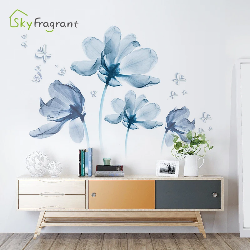 Romantic Blue Flowers Wall Sticker Living Room Bedroom Decor Home Background Wall Decor Self-adhesive Stickers Room Decoration