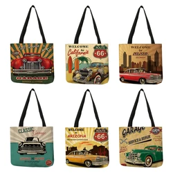 Strong Personalized Cool Shoulder Bag for Women Retro Vehicle Garage Printed Tote Bag Premium Eco Linen Handbag Sac A Main