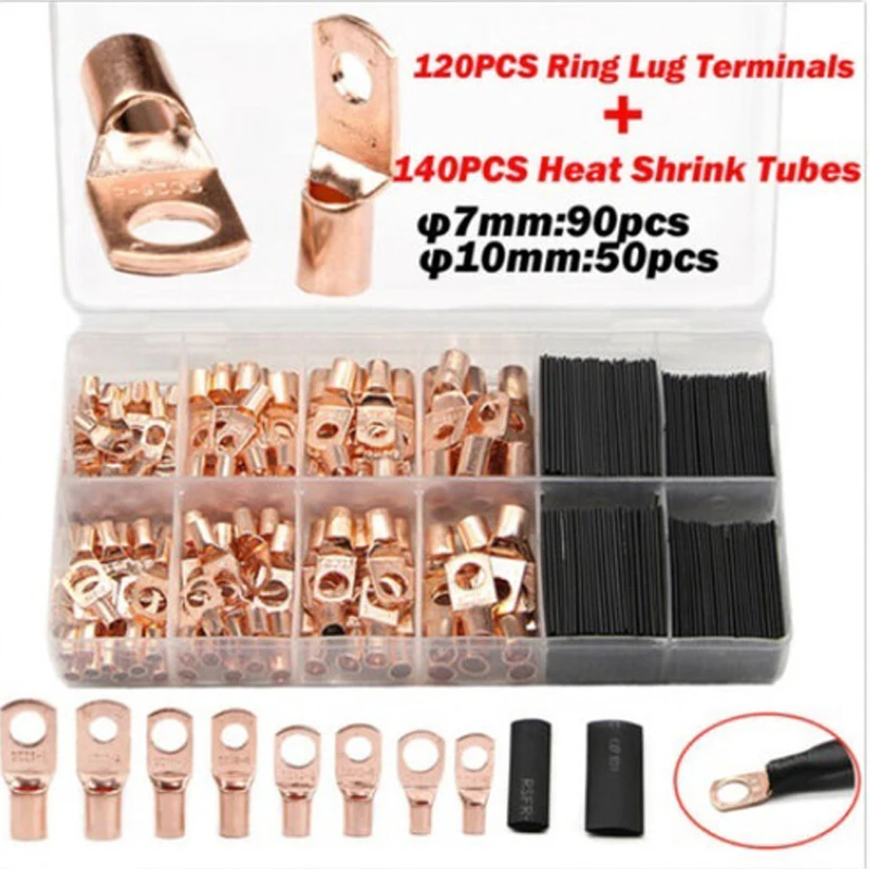 

260pcs SC Bare Ring Terminals Lug Tinned Copper Tube Seal Battery Wire Connectors Bare Cable Crimped Soldered Car Accessories