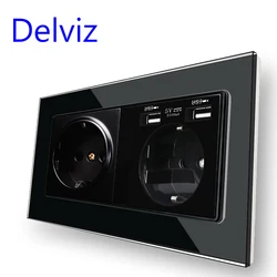 Delviz Wall Double 16A Outlet, With 5V 2A USB charging Ports,AC 110V~250V, Black Tempered Crystal Glass Panel EU Standard Socket