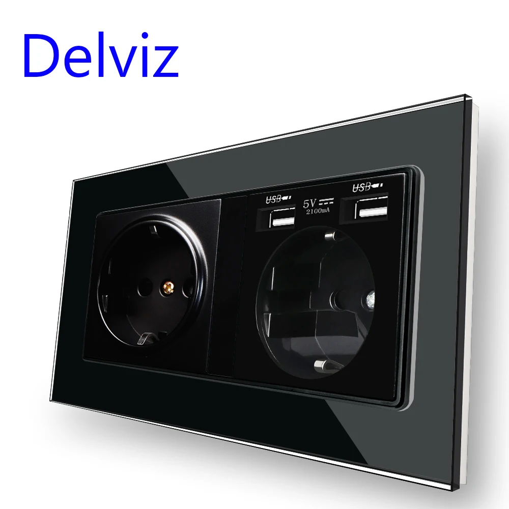 Delviz 벽 이중 16A 콘센트, 5V 2A USB 충전 포트, AC 110V ~ 250V, 블랙 강화 크리스탈 유리 패널, EU 표준 소켓 