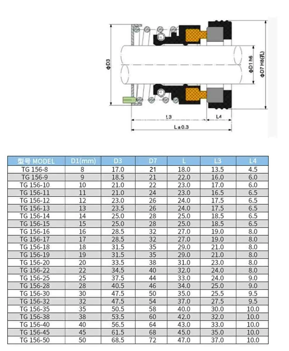 I/D 8-16mm Mechanical Shaft Seal Graphite/ Ceramics Single Coil Spring For Water Pump Clean Circulation Pump Model 156