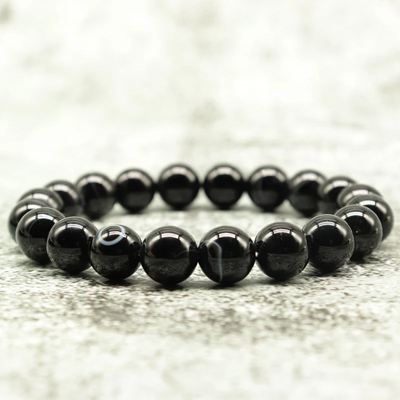 Minimalist Real Natural Black Agates Beads Bracelets For Men 4/6/8/10/12mm Smooth Stone Braslet Homme Leisure Accessories  Joias