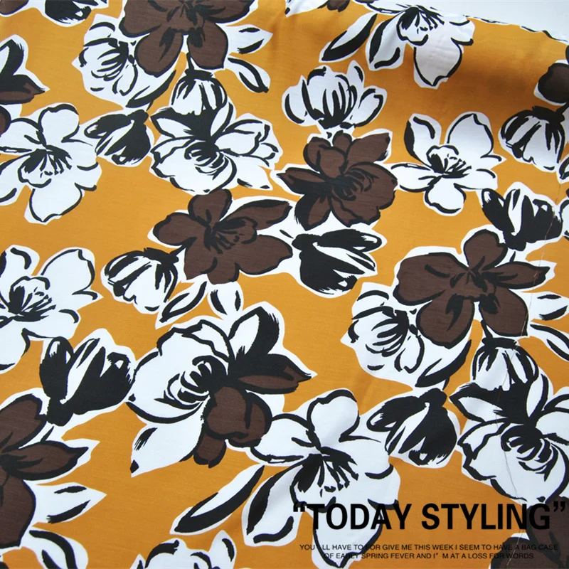 Silk Cotton Fabric Dress 14 momme Large Brown White Khaki Flower Large Wide  clothing Cloth  DIY Textile Tissue