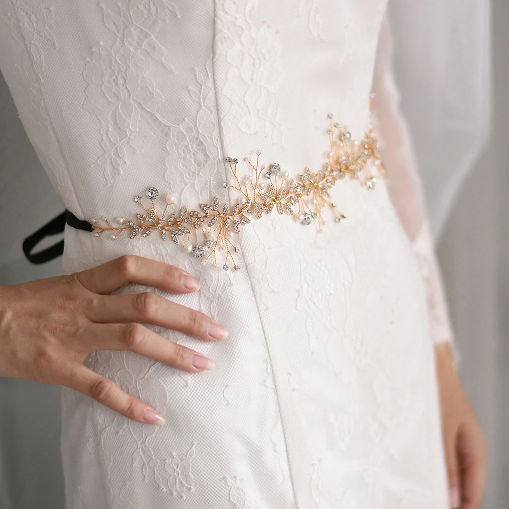 Ceinture de mariée en cristal, faite à la main, de luxe, en diamant doré, avec strass, pour robe formelle, feuille en alliage, 100%